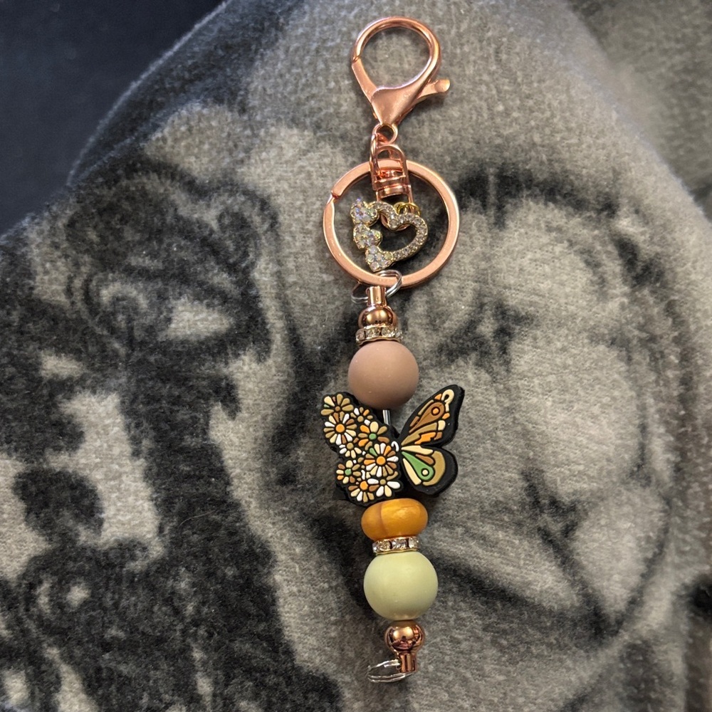 Butterfly Beaded Keychain with Rose Gold Accents Handmade
